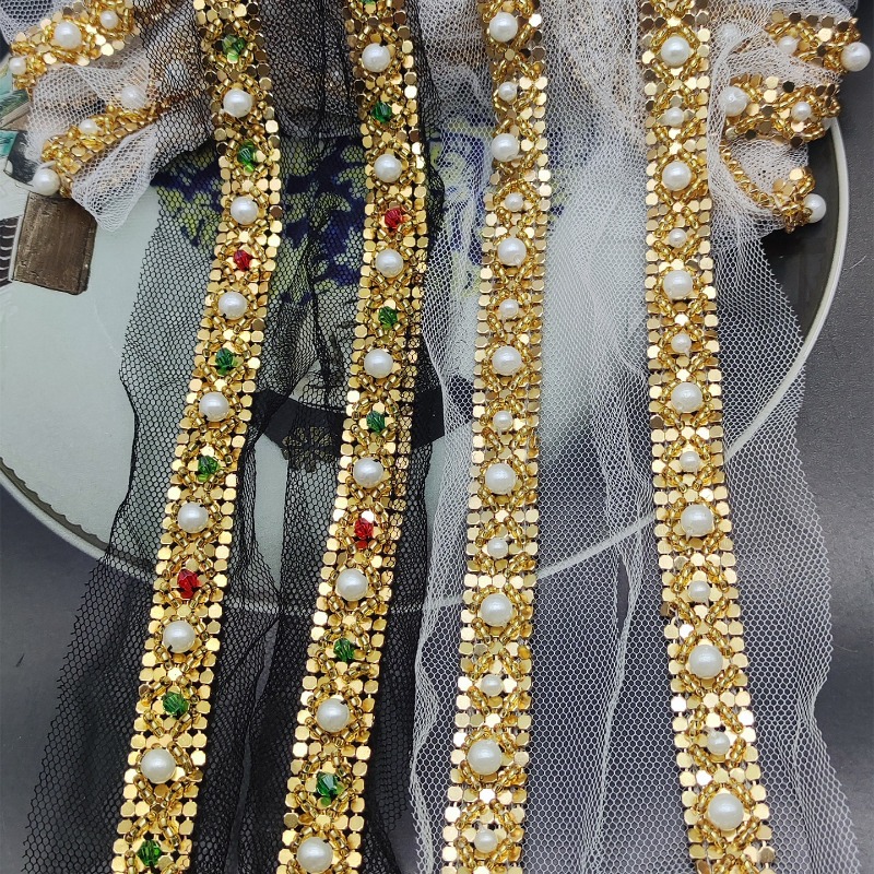 Lace Ribbon Trim - Nuevo Encaje con Cuentas Doradas Hecho